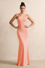 Crisscross Halter Sheath Chiffon Bridesmaid Dress with Bow in Rosette - KissProm BRIDESMAID DRESSES