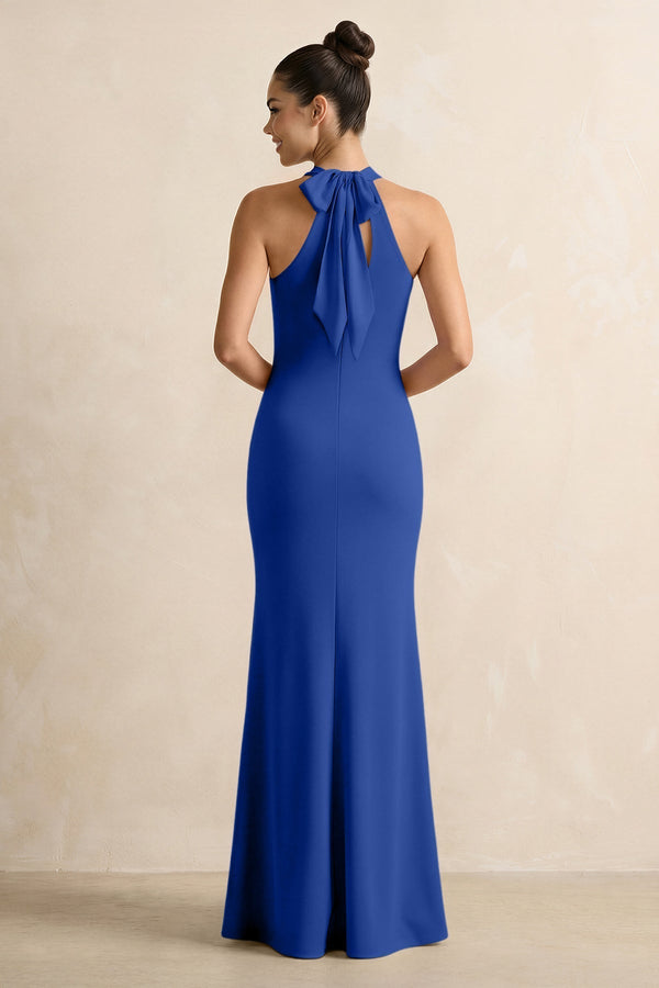 Crisscross Halter Sheath Chiffon Bridesmaid Dress with Bow in Royal Blue - KissProm BRIDESMAID DRESSES