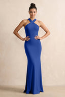 Crisscross Halter Sheath Chiffon Bridesmaid Dress with Bow in Royal Blue - KissProm BRIDESMAID DRESSES