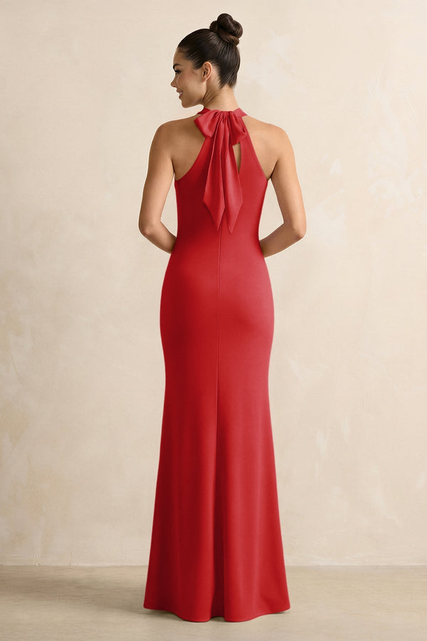 Crisscross Halter Sheath Chiffon Bridesmaid Dress with Bow in Ruby Red - KissProm BRIDESMAID DRESSES