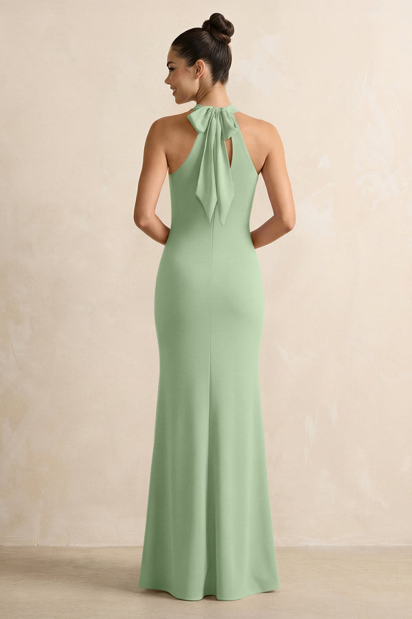 Crisscross Halter Sheath Chiffon Bridesmaid Dress with Bow in Sage - KissProm BRIDESMAID DRESSES