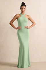 Crisscross Halter Sheath Chiffon Bridesmaid Dress with Bow in Sage - KissProm BRIDESMAID DRESSES