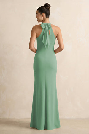 Crisscross Halter Sheath Chiffon Bridesmaid Dress with Bow in Sea Glass - KissProm BRIDESMAID DRESSES