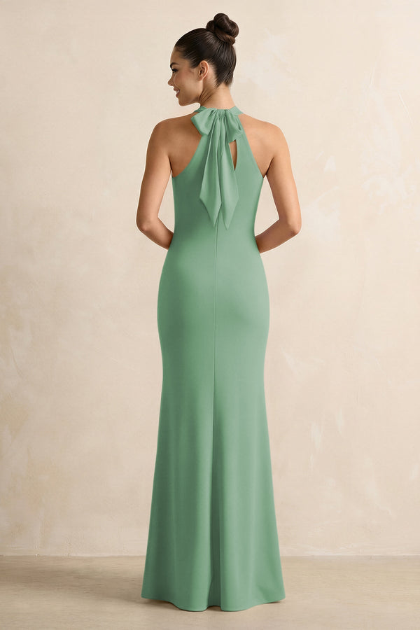 Crisscross Halter Sheath Chiffon Bridesmaid Dress with Bow in Sea Glass - KissProm BRIDESMAID DRESSES