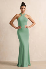 Crisscross Halter Sheath Chiffon Bridesmaid Dress with Bow in Sea Glass - KissProm BRIDESMAID DRESSES