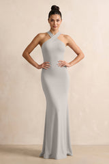Crisscross Halter Sheath Chiffon Bridesmaid Dress with Bow in Silver - KissProm BRIDESMAID DRESSES