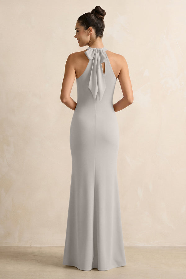Crisscross Halter Sheath Chiffon Bridesmaid Dress with Bow in Silver - KissProm BRIDESMAID DRESSES