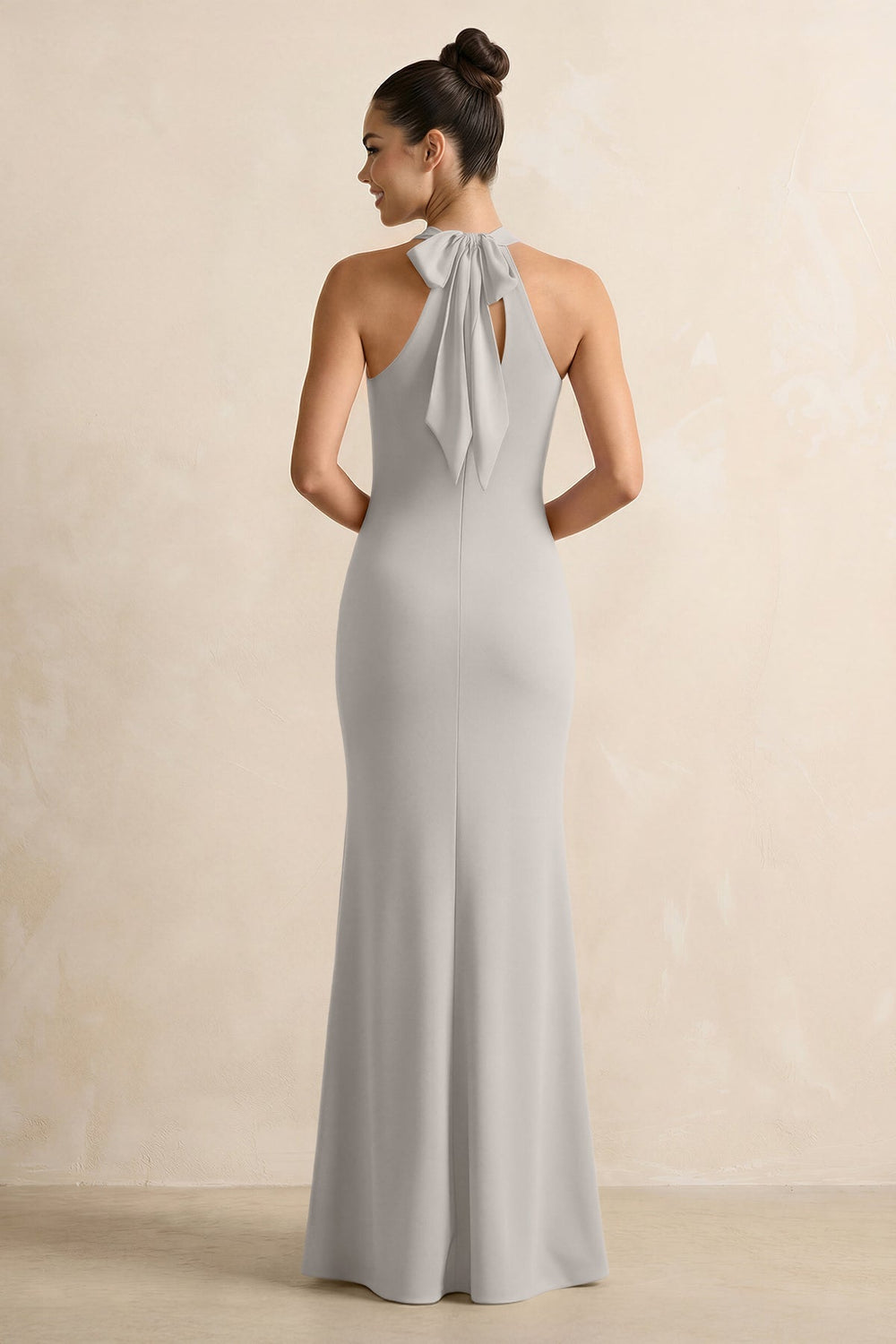 Crisscross Halter Sheath Chiffon Bridesmaid Dress with Bow in Silver - KissProm BRIDESMAID DRESSES