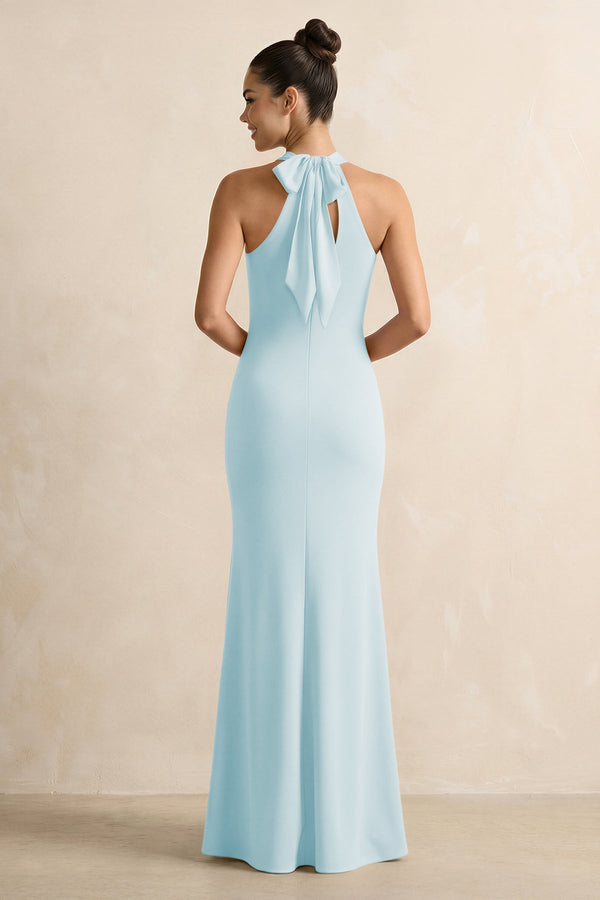 Crisscross Halter Sheath Chiffon Bridesmaid Dress with Bow in Sky Blue - KissProm BRIDESMAID DRESSES