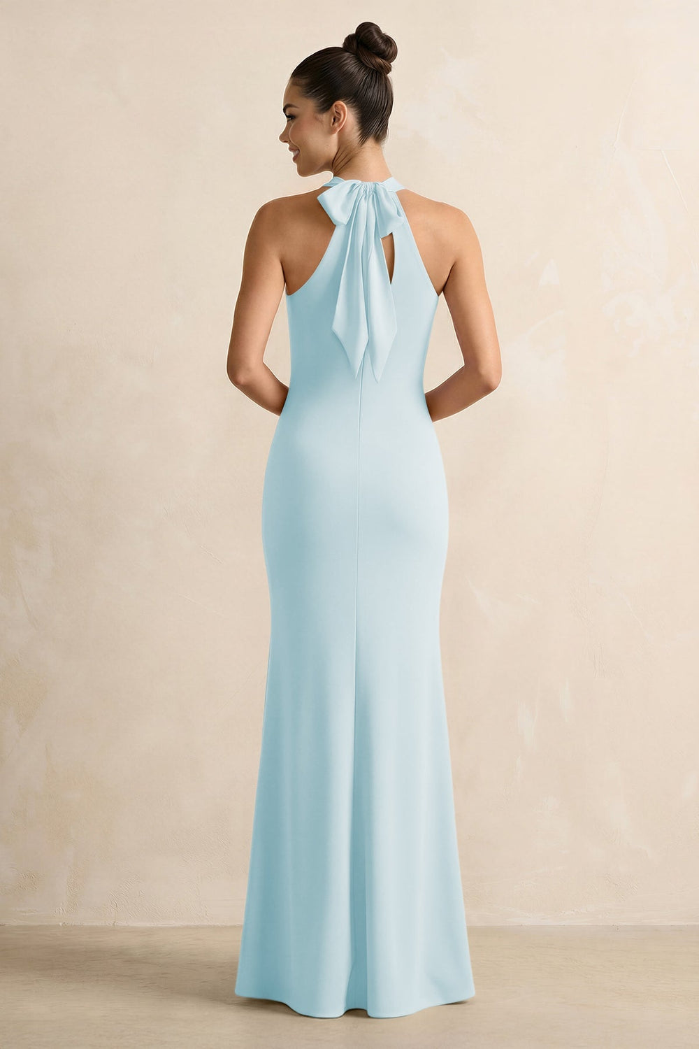 Crisscross Halter Sheath Chiffon Bridesmaid Dress with Bow in Sky Blue - KissProm BRIDESMAID DRESSES