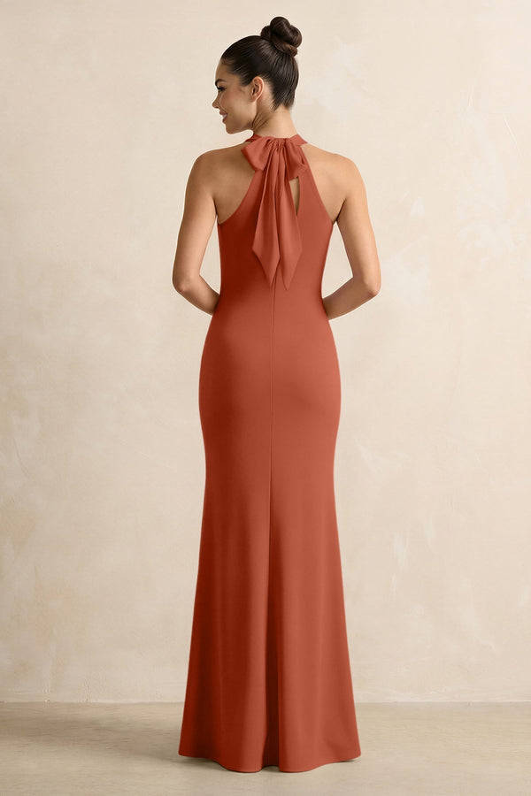 Crisscross Halter Sheath Chiffon Bridesmaid Dress with Bow in Spice - KissProm BRIDESMAID DRESSES
