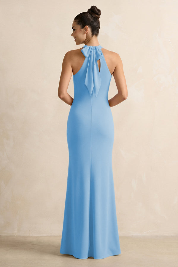 Crisscross Halter Sheath Chiffon Bridesmaid Dress with Bow in Steel Blue - KissProm BRIDESMAID DRESSES