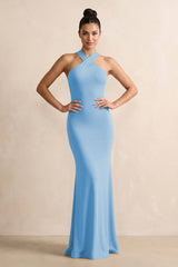Crisscross Halter Sheath Chiffon Bridesmaid Dress with Bow in Steel Blue - KissProm BRIDESMAID DRESSES