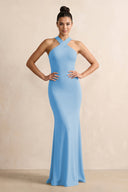 Crisscross Halter Sheath Chiffon Bridesmaid Dress with Bow in Steel Blue - KissProm BRIDESMAID DRESSES
