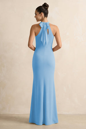 Crisscross Halter Sheath Chiffon Bridesmaid Dress with Bow in Steel Blue - KissProm BRIDESMAID DRESSES