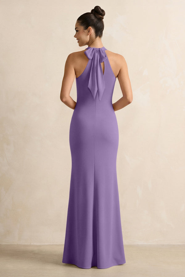 Crisscross Halter Sheath Chiffon Bridesmaid Dress with Bow in Tahiti - KissProm BRIDESMAID DRESSES