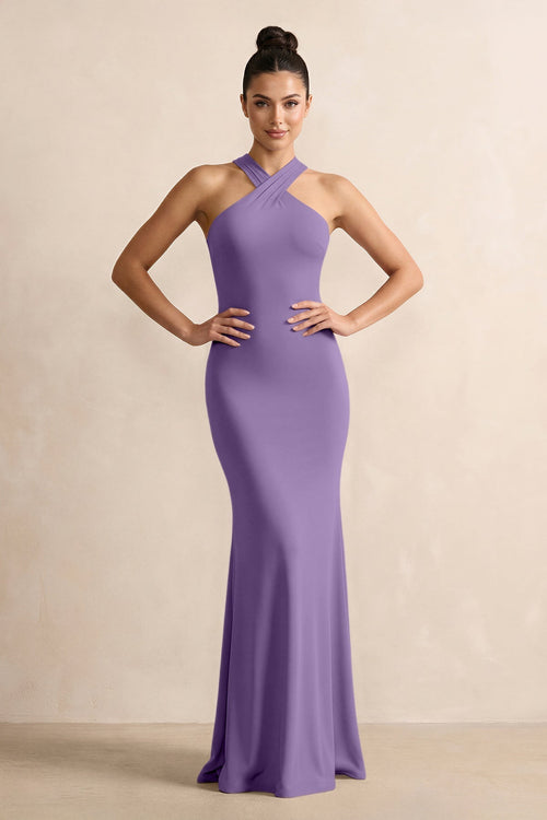 Crisscross Halter Sheath Chiffon Bridesmaid Dress with Bow in Tahiti - KissProm BRIDESMAID DRESSES