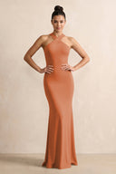 Crisscross Halter Sheath Chiffon Bridesmaid Dress with Bow in Terracotta - KissProm BRIDESMAID DRESSES