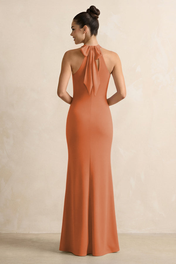 Crisscross Halter Sheath Chiffon Bridesmaid Dress with Bow in Terracotta - KissProm BRIDESMAID DRESSES