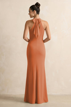 Crisscross Halter Sheath Chiffon Bridesmaid Dress with Bow in Terracotta - KissProm BRIDESMAID DRESSES