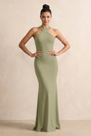 Crisscross Halter Sheath Chiffon Bridesmaid Dress with Bow in Thyme - KissProm BRIDESMAID DRESSES