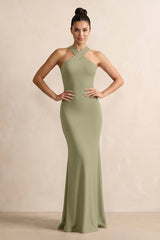 Crisscross Halter Sheath Chiffon Bridesmaid Dress with Bow in Thyme - KissProm BRIDESMAID DRESSES