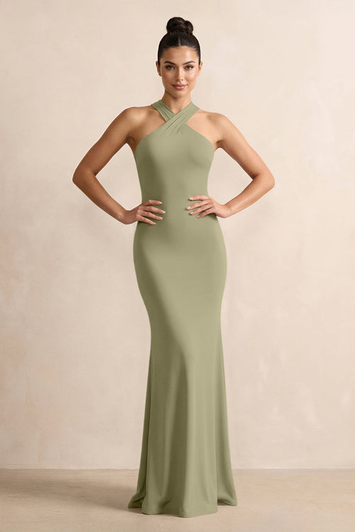 Crisscross Halter Sheath Chiffon Bridesmaid Dress with Bow in Thyme - KissProm BRIDESMAID DRESSES