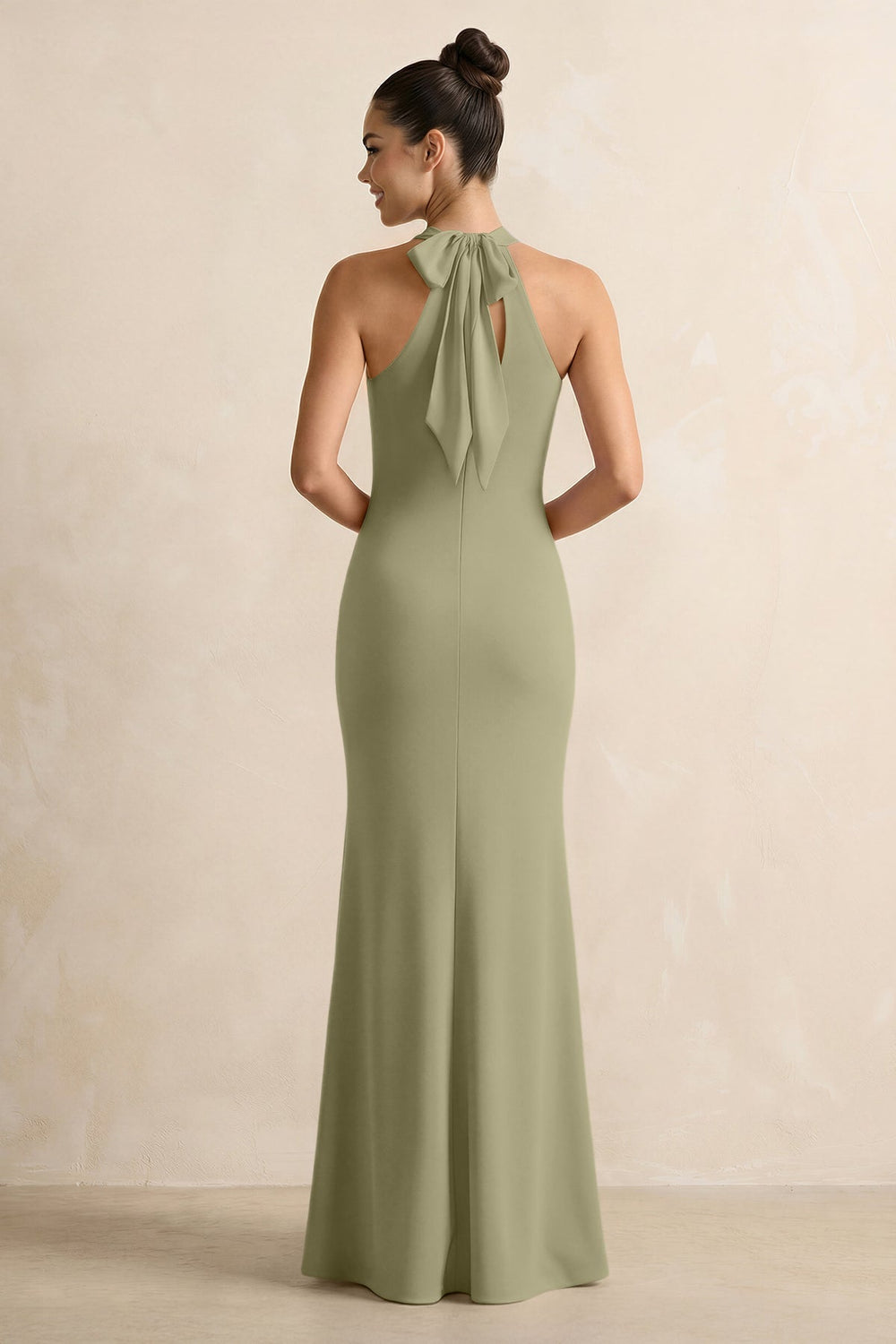 Crisscross Halter Sheath Chiffon Bridesmaid Dress with Bow in Thyme - KissProm BRIDESMAID DRESSES