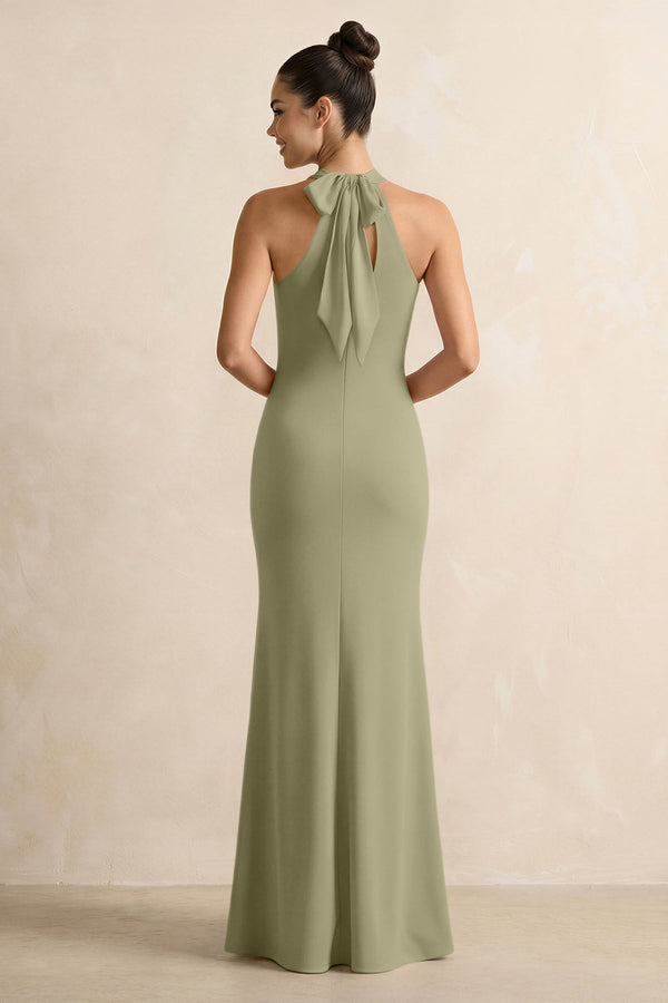Crisscross Halter Sheath Chiffon Bridesmaid Dress with Bow in Thyme - KissProm BRIDESMAID DRESSES