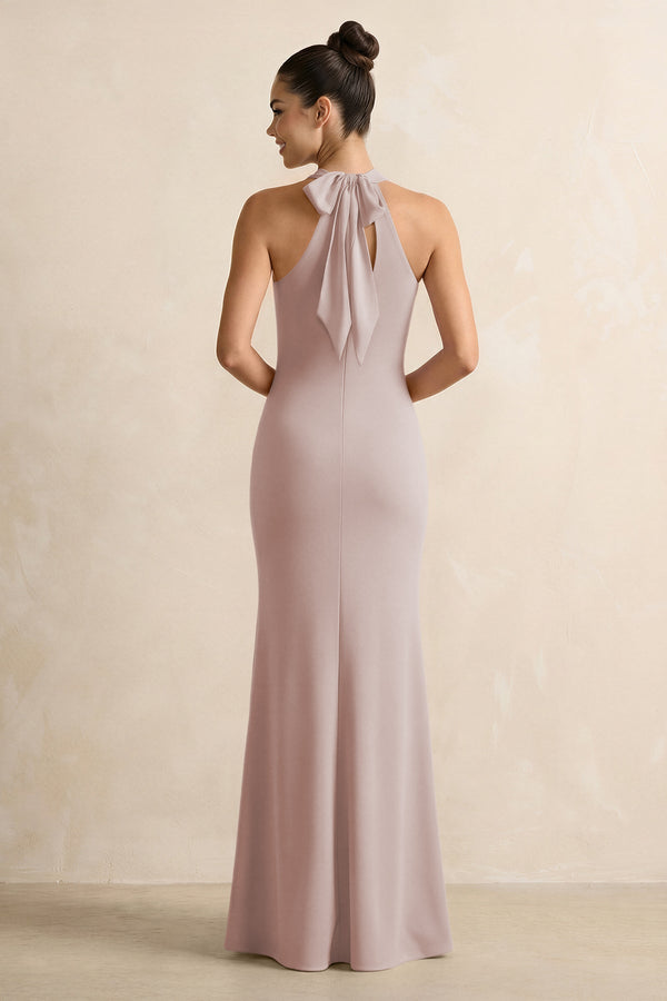 Crisscross Halter Sheath Chiffon Bridesmaid Dress with Bow in Toffee - KissProm BRIDESMAID DRESSES