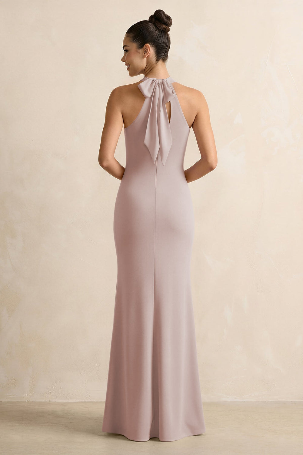 Crisscross Halter Sheath Chiffon Bridesmaid Dress with Bow in Toffee - KissProm BRIDESMAID DRESSES