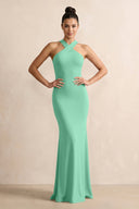 Crisscross Halter Sheath Chiffon Bridesmaid Dress with Bow in Turquoise - KissProm BRIDESMAID DRESSES