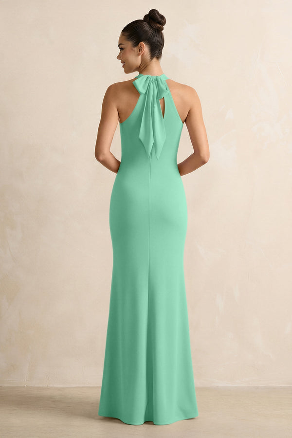 Crisscross Halter Sheath Chiffon Bridesmaid Dress with Bow in Turquoise - KissProm BRIDESMAID DRESSES