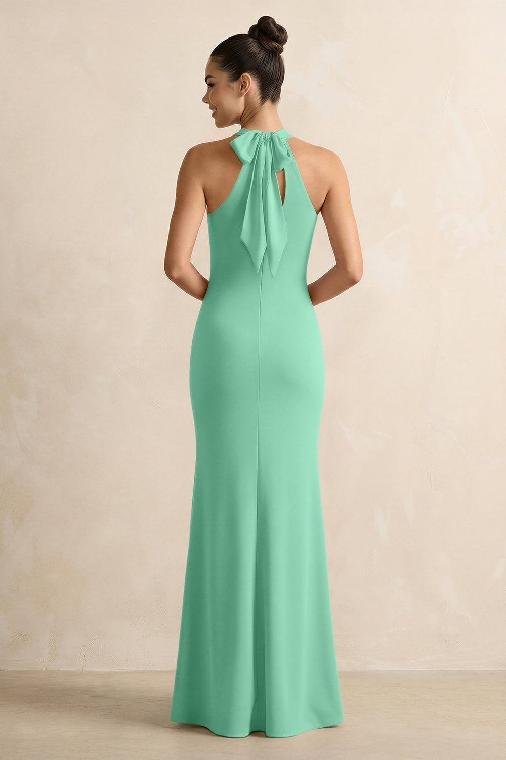 Crisscross Halter Sheath Chiffon Bridesmaid Dress with Bow in Turquoise - KissProm BRIDESMAID DRESSES