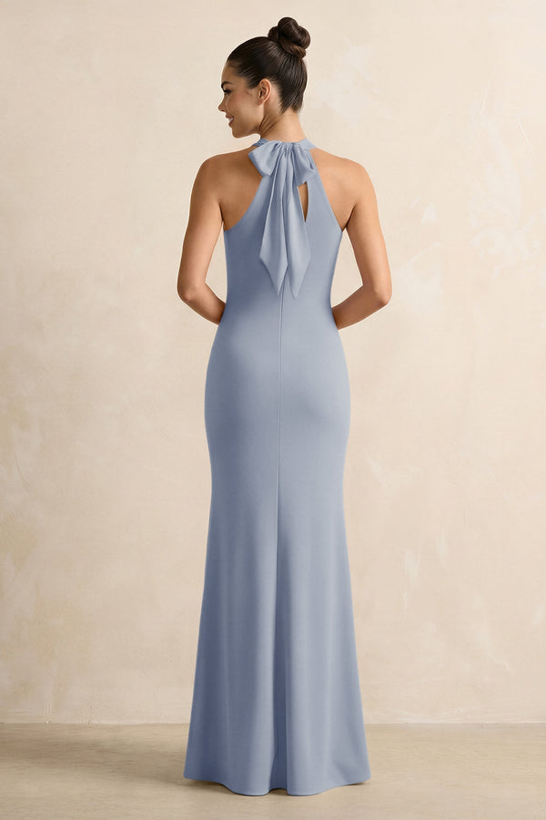 Crisscross Halter Sheath Chiffon Bridesmaid Dress with Bow in Twilight - KissProm BRIDESMAID DRESSES