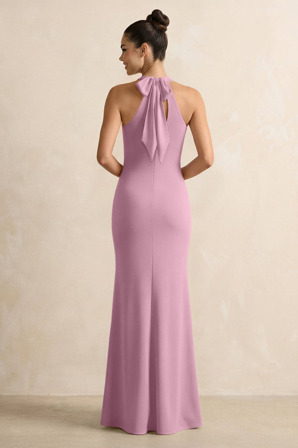 Crisscross Halter Sheath Chiffon Bridesmaid Dress with Bow in Vintage Mauve - KissProm BRIDESMAID DRESSES