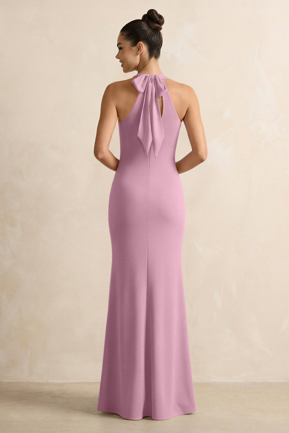 Crisscross Halter Sheath Chiffon Bridesmaid Dress with Bow in Vintage Mauve - KissProm BRIDESMAID DRESSES