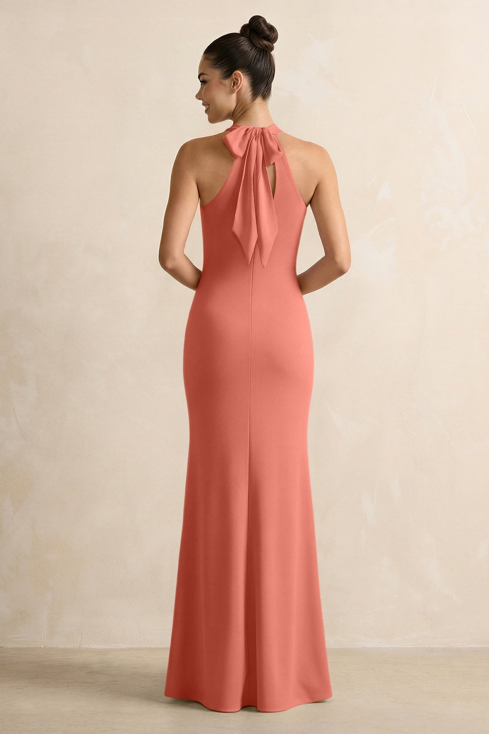 Crisscross Halter Sheath Chiffon Bridesmaid Dress with Bow in Wild Rose - KissProm BRIDESMAID DRESSES