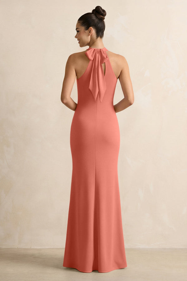 Crisscross Halter Sheath Chiffon Bridesmaid Dress with Bow in Wild Rose - KissProm BRIDESMAID DRESSES