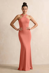 Crisscross Halter Sheath Chiffon Bridesmaid Dress with Bow in Wild Rose - KissProm BRIDESMAID DRESSES