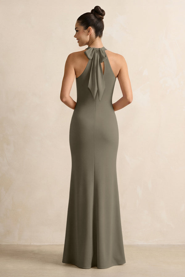 Crisscross Halter Sheath Chiffon Bridesmaid Dress with Bow in Willow Green - KissProm BRIDESMAID DRESSES