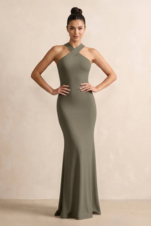 Crisscross Halter Sheath Chiffon Bridesmaid Dress with Bow in Willow Green - KissProm BRIDESMAID DRESSES