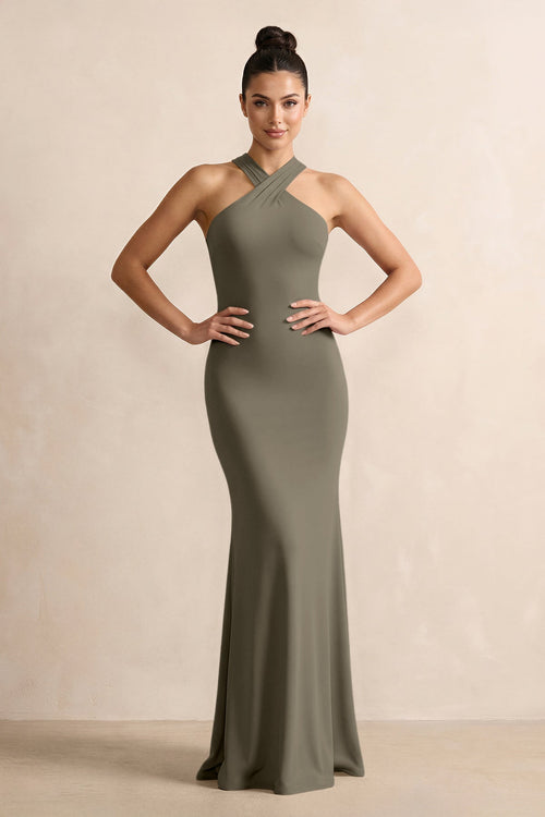 Crisscross Halter Sheath Chiffon Bridesmaid Dress with Bow in Willow Green - KissProm BRIDESMAID DRESSES