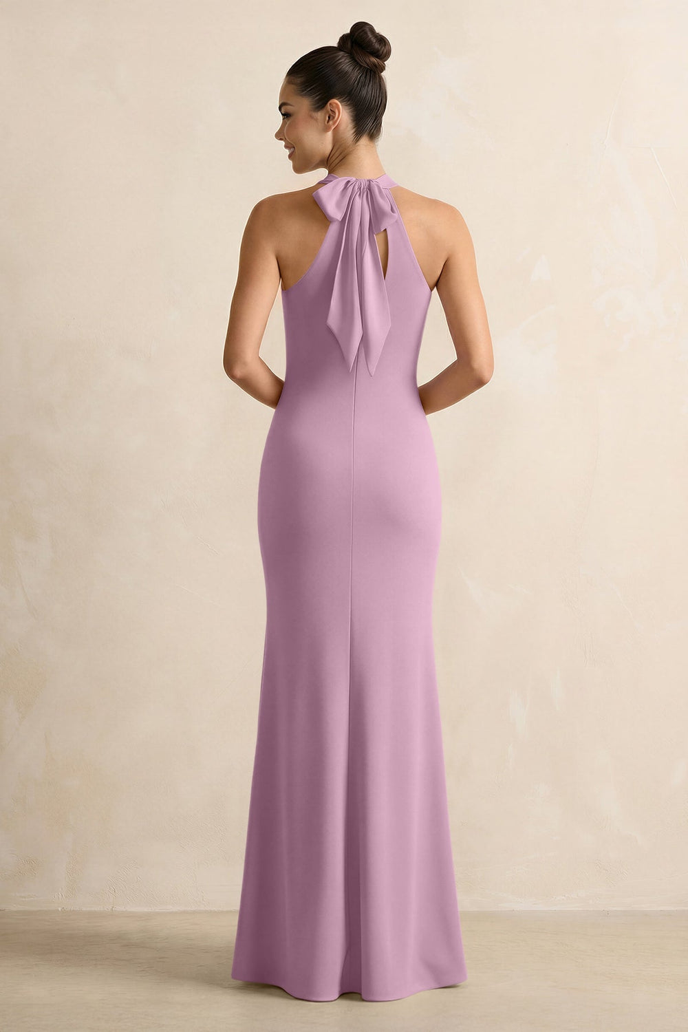 Crisscross Halter Sheath Chiffon Bridesmaid Dress with Bow in Wisteria - KissProm BRIDESMAID DRESSES