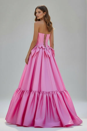 Cristal | A - Line Black Scoop Neck Satin Long Prom Dresses with Bow Knots - KissProm
