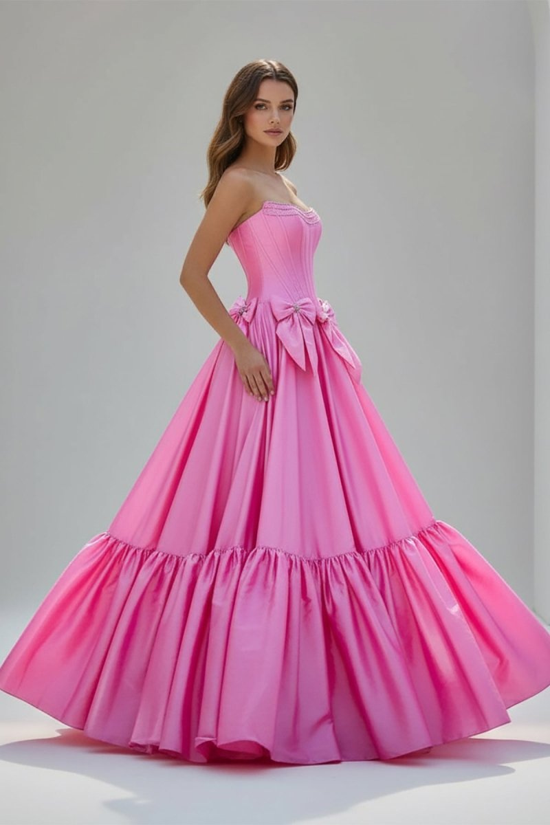 KissProm A-Line Black Strapless Satin Long Prom Dresses with Bow Knots, Black / 16
