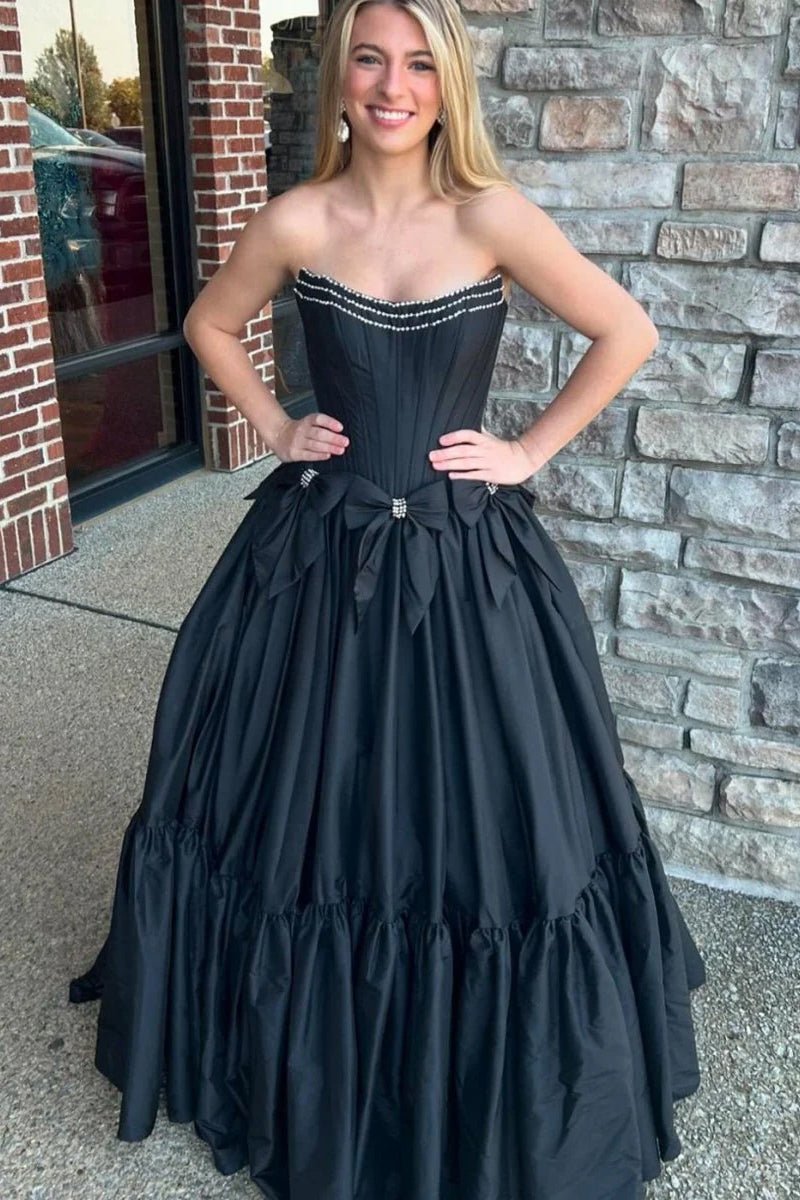 A-Line Black Strapless Satin Long Prom Dresses with Bow Knots, Black / 16
