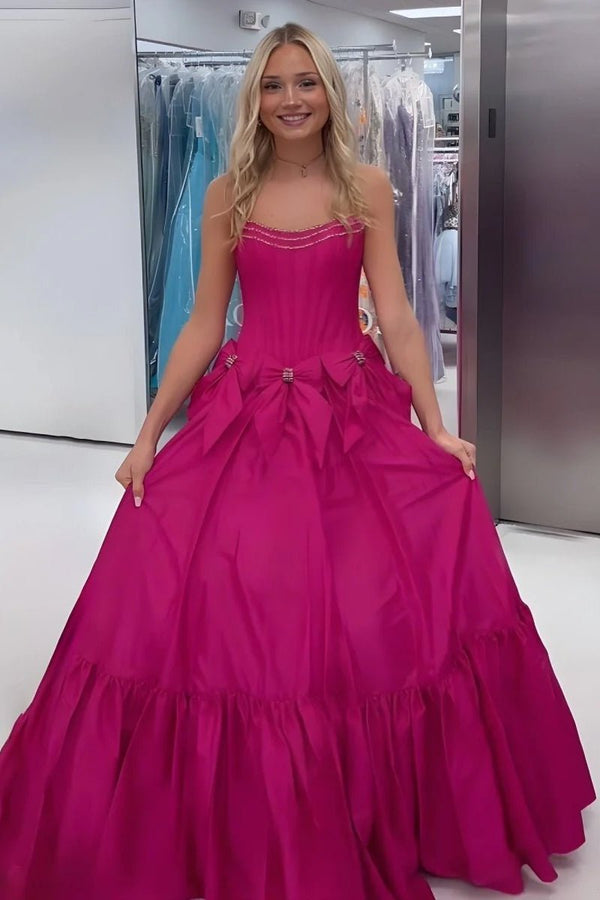 Cristal | A - Line Black Scoop Neck Satin Long Prom Dresses with Bow Knots - KissProm