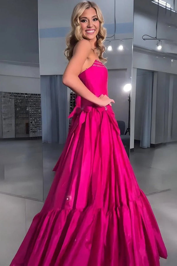 Cristal | A - Line Black Scoop Neck Satin Long Prom Dresses with Bow Knots - KissProm