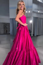 Cristal | A - Line Black Scoop Neck Satin Long Prom Dresses with Bow Knots - KissProm